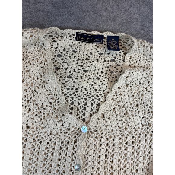 VINTAGE Laura Scott Crochet Knit Cardigan Women Medium Cream Sweater Cottagecore - Picture 4 of 4